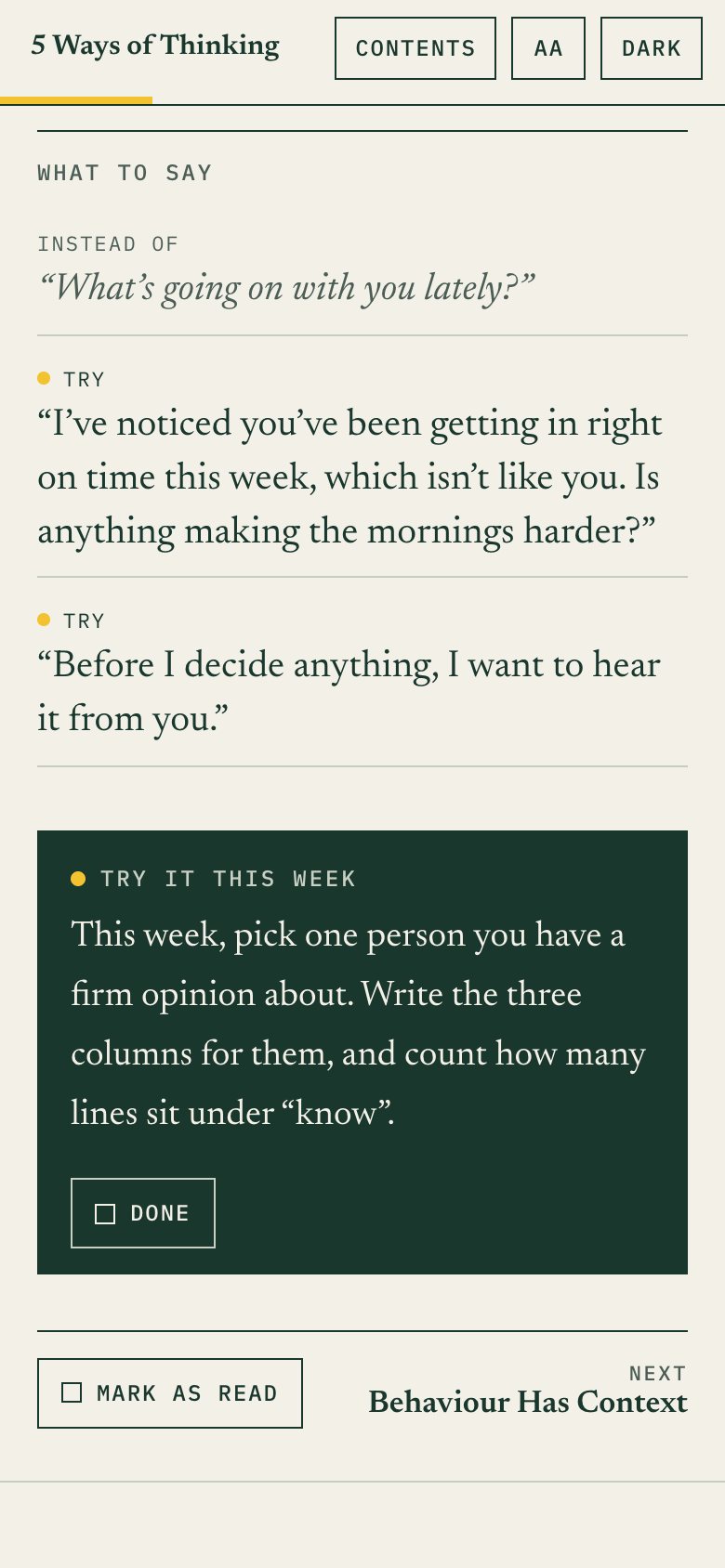 What to say: instead of asking what is going on with someone, two lines to try, then one thing to try this week.
