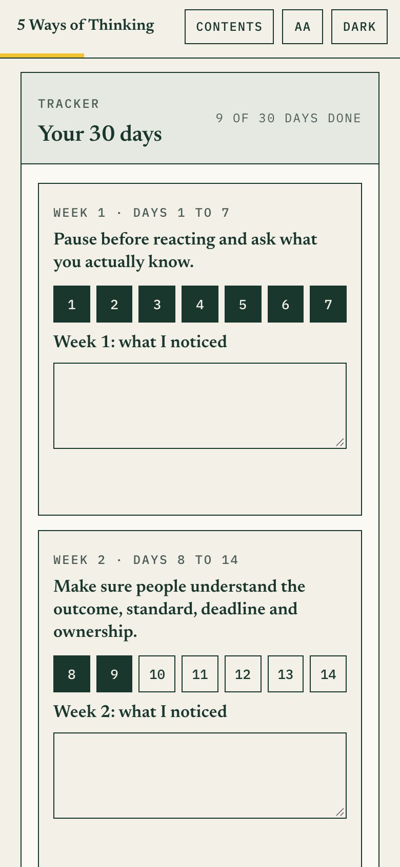 The 30-day practice: tick off each day, one habit a week.