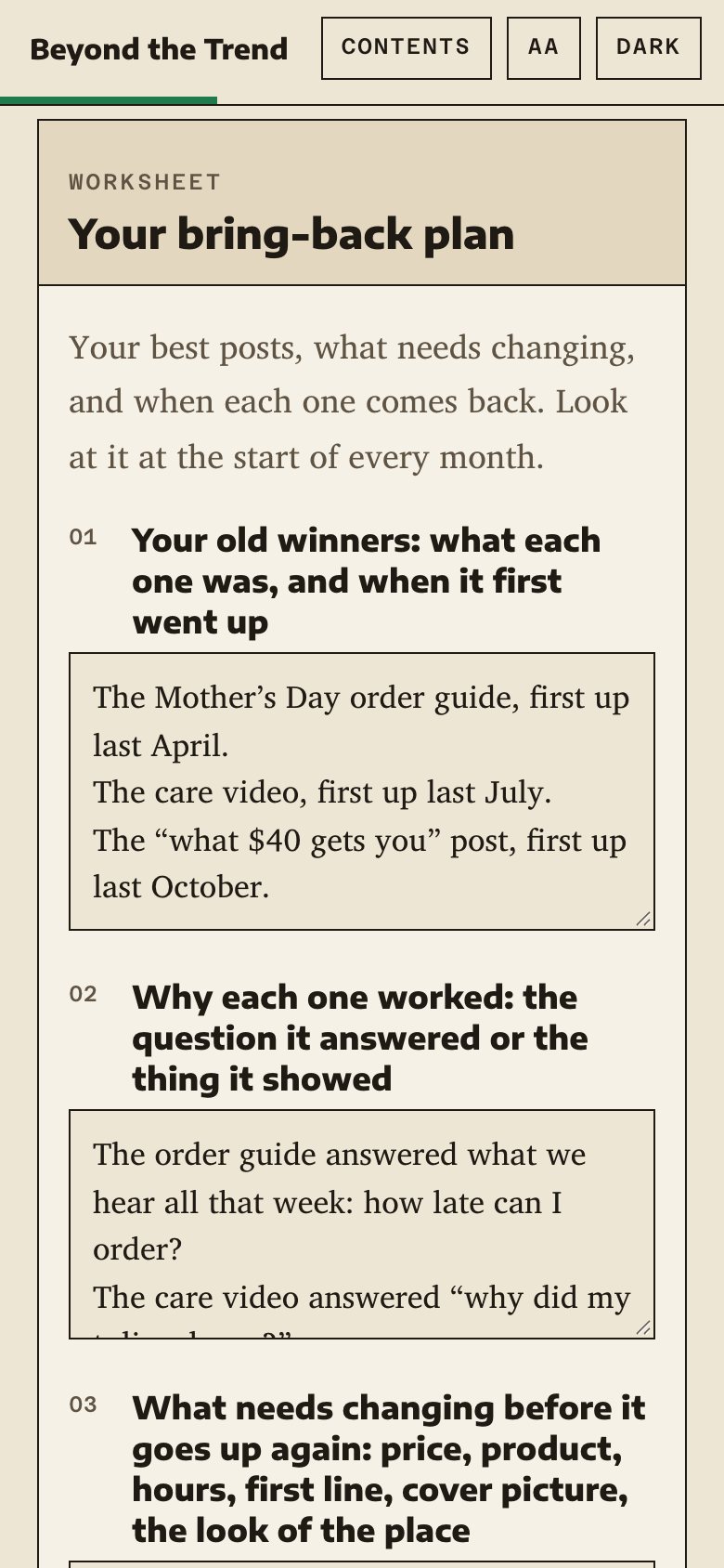 The bring-back plan worksheet in the web book, on a phone, with a made-up example filled in.