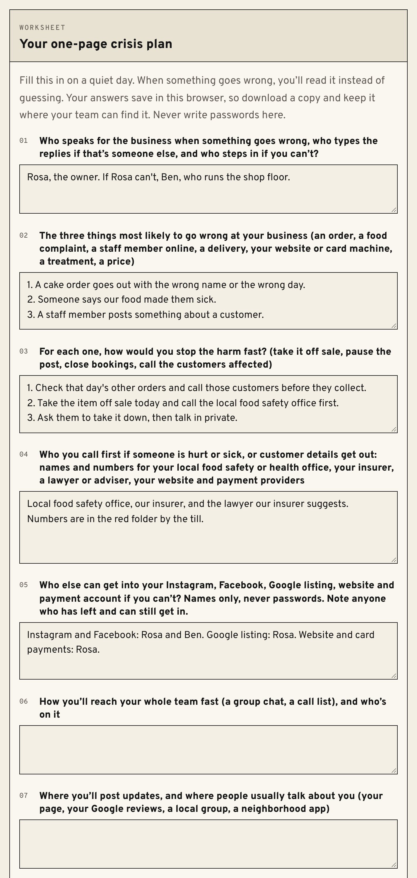 The one-page crisis plan worksheet in the web book, part filled in with an example.