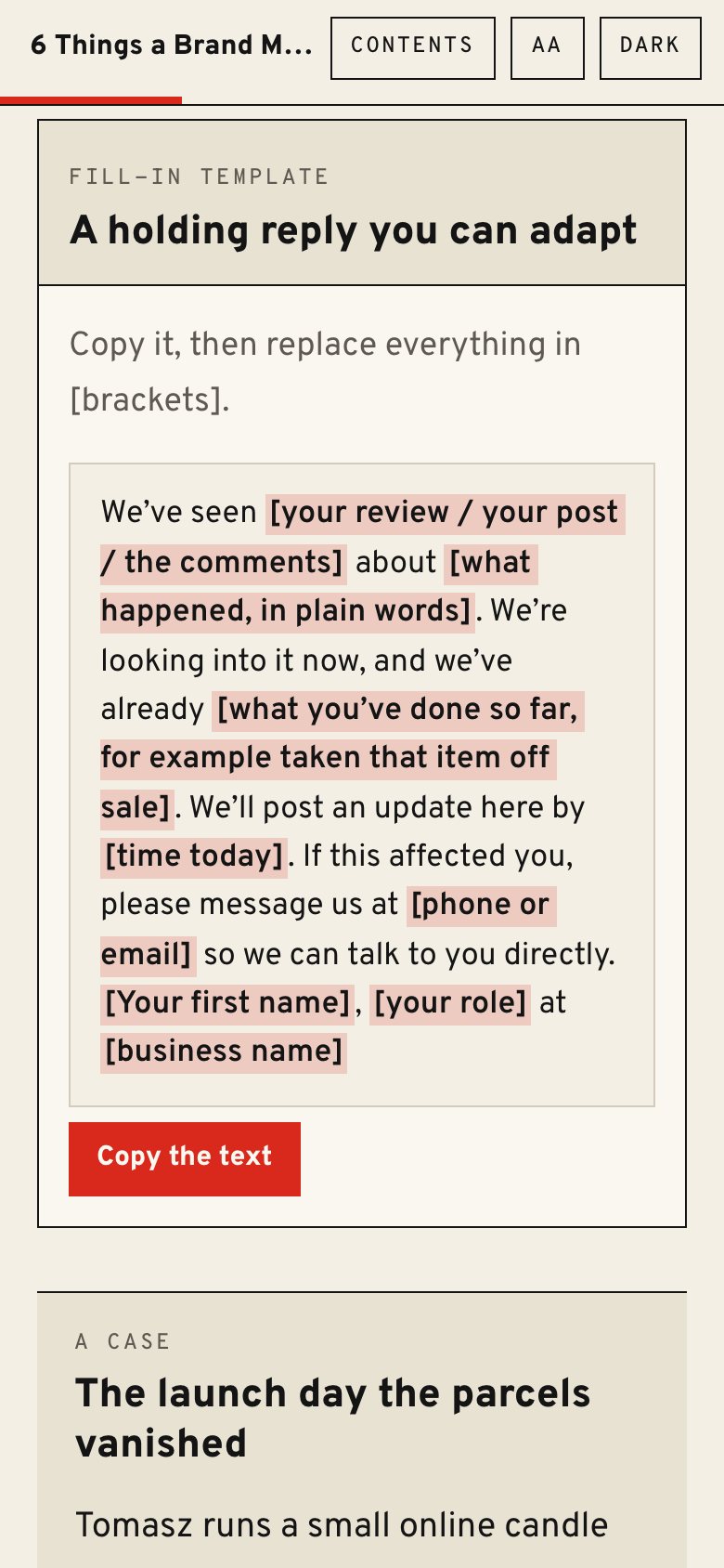 The holding reply template in the web book, on a phone.