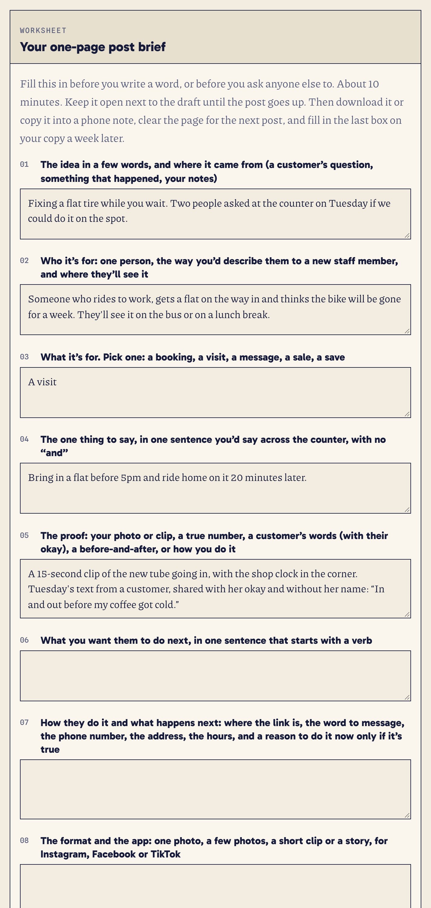 The one-page post brief worksheet in the web book, part filled in with an example.