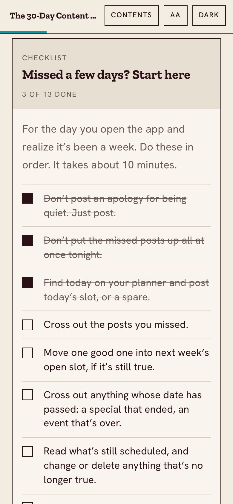 The missed-days checklist in the web book, on a phone, with three items ticked.