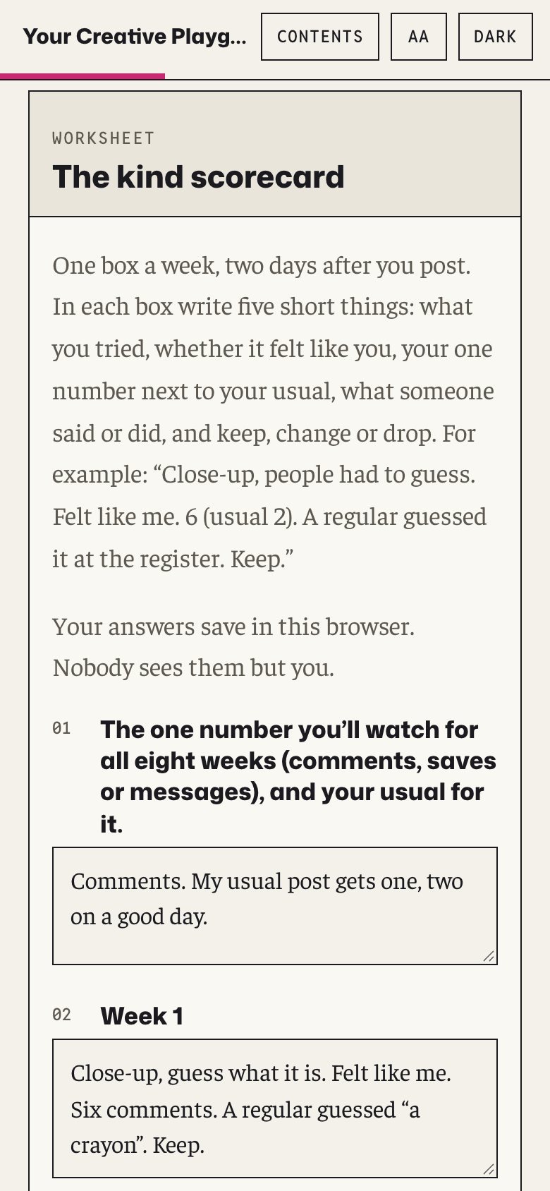 The kind scorecard in the web book, on a phone, with a made-up example filled in.