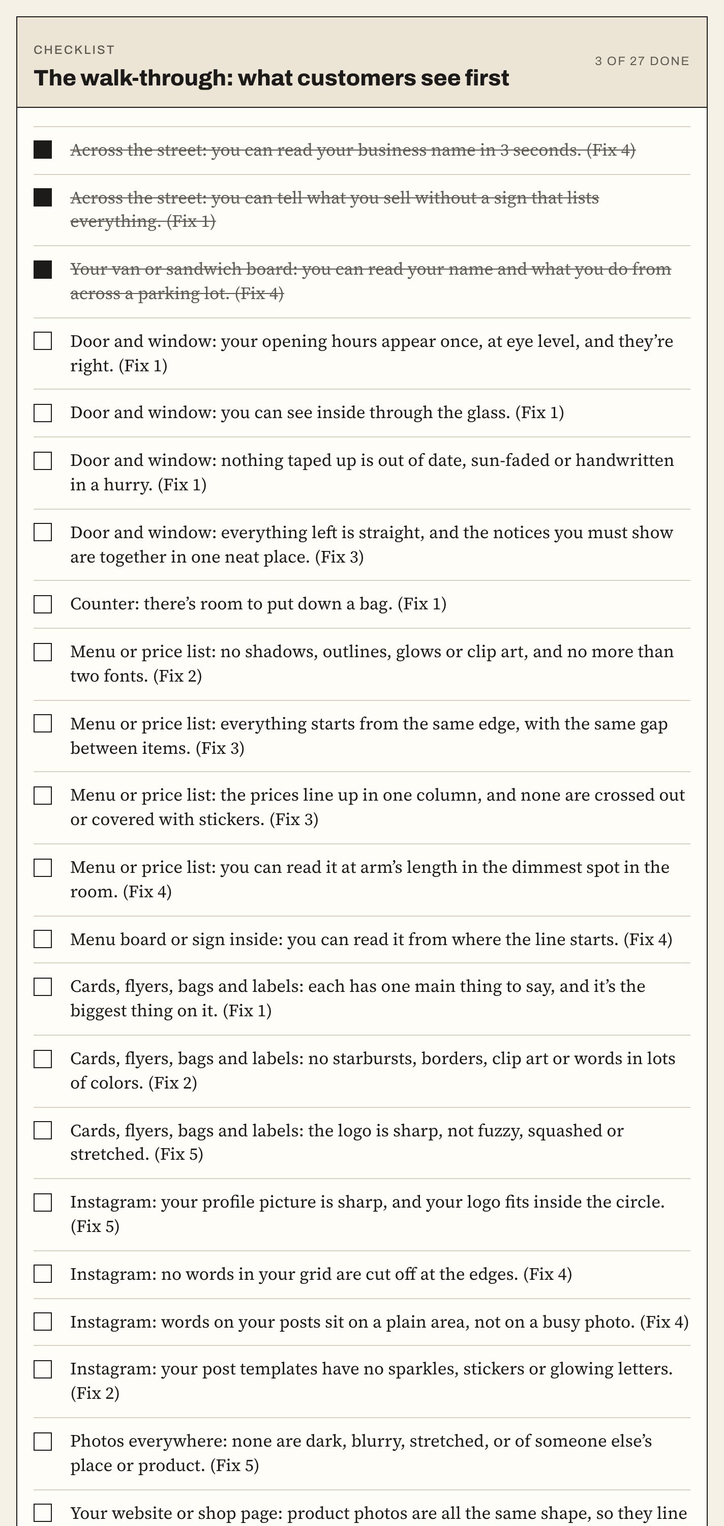 The walk-through checklist in the web book, with the first three items ticked.