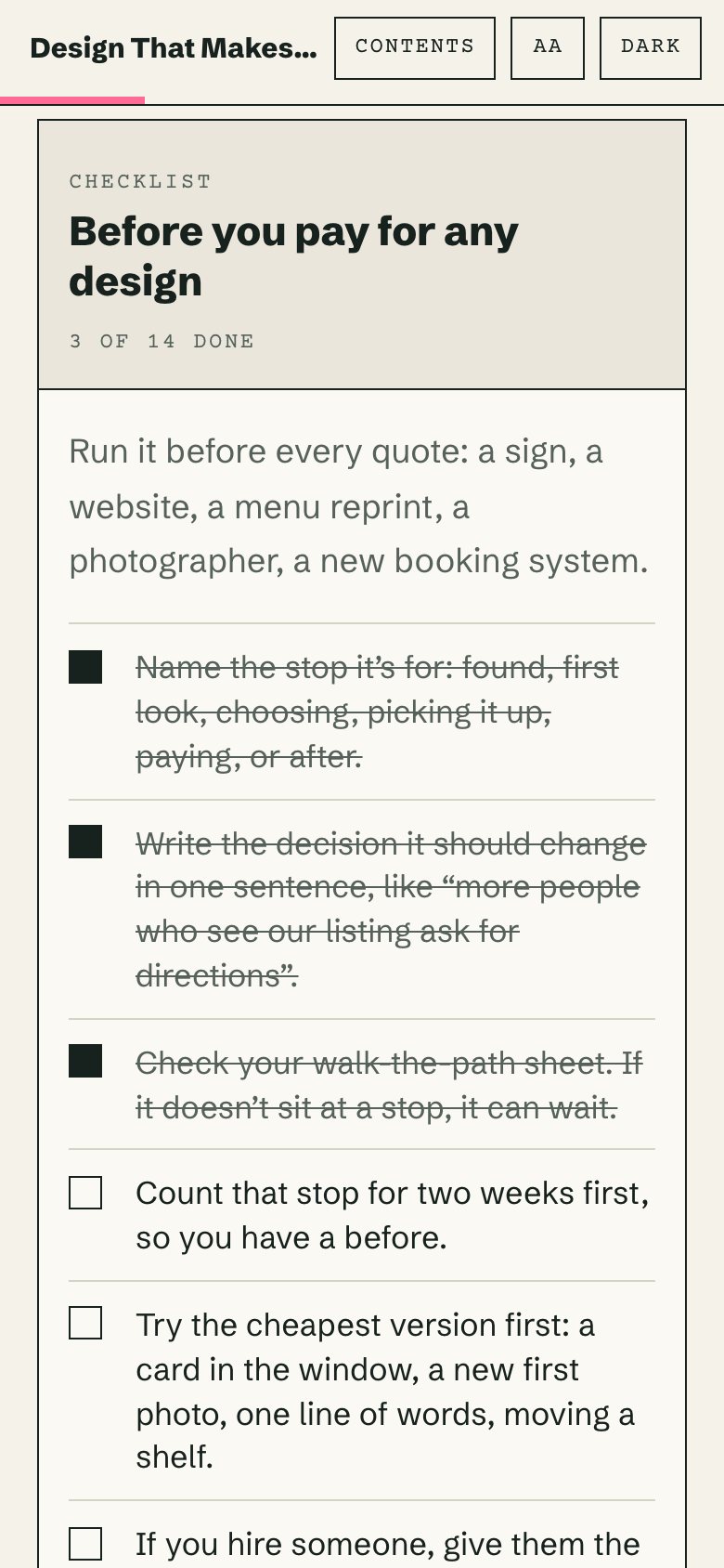 The check before you pay for any design, in the web book, on a phone, with three items ticked.