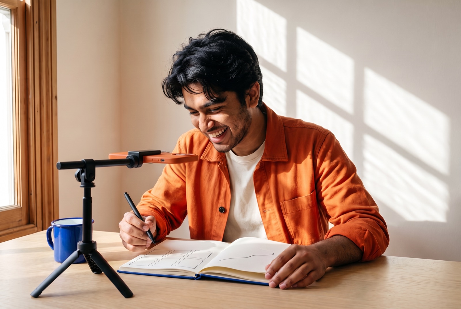 A young man laughing while filming his hands sketching in a notebook, a phone on a small arm above the table.