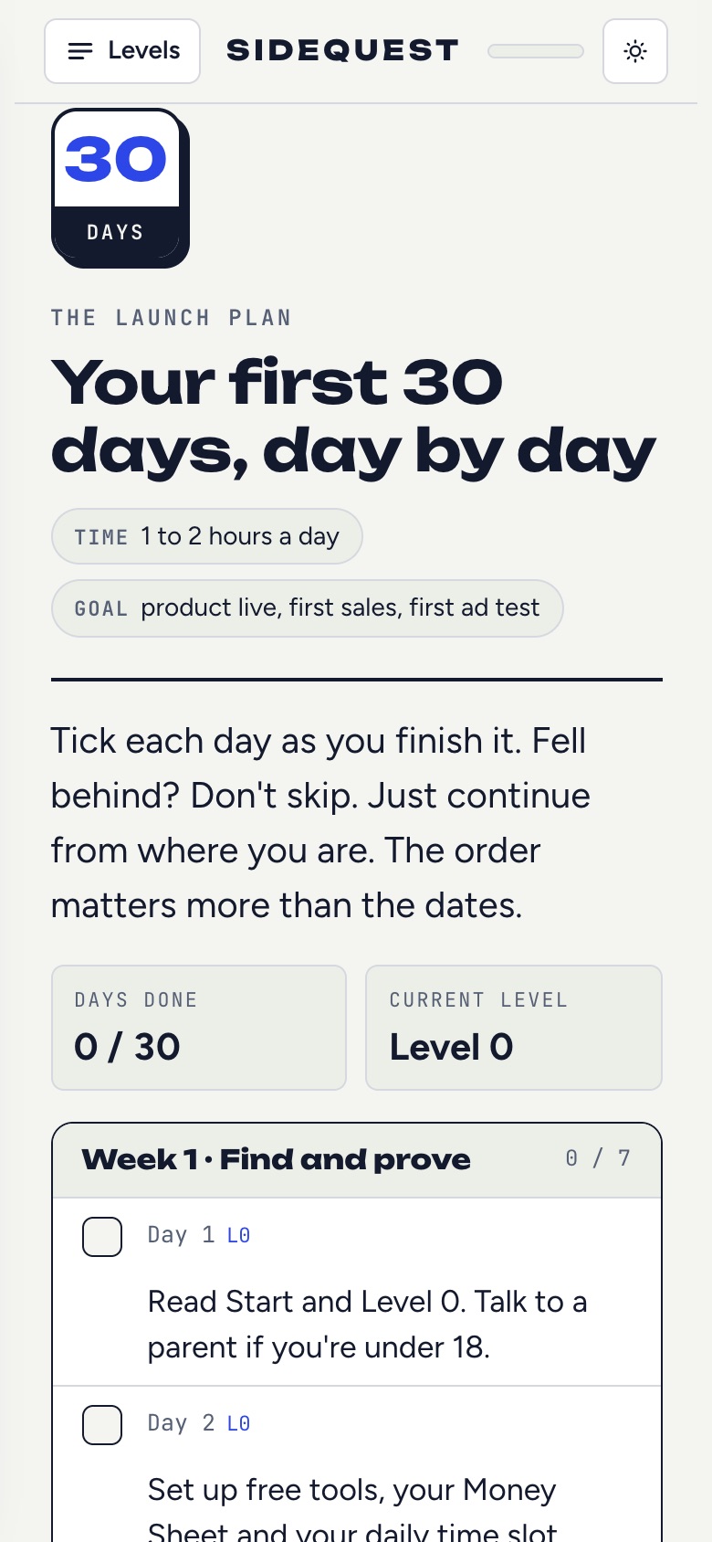 The 30-day plan on a phone: tick each day as you finish it, week 1 find and prove.