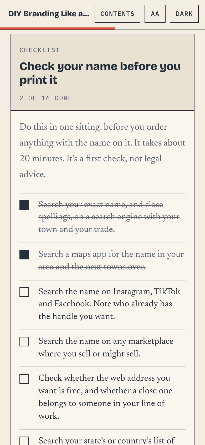 The name check checklist in the web book, on a phone, with two items ticked.