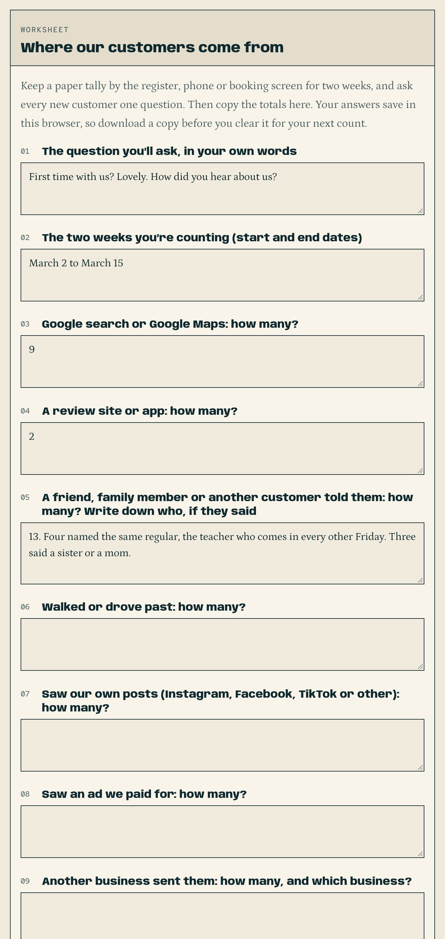 The where our customers come from worksheet in the web book, part filled in with an example.