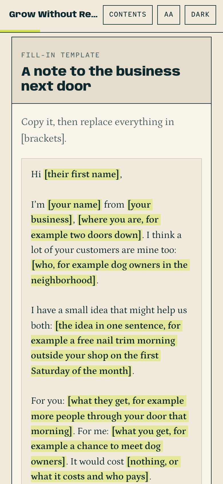 The note to the business next door in the web book, on a phone.
