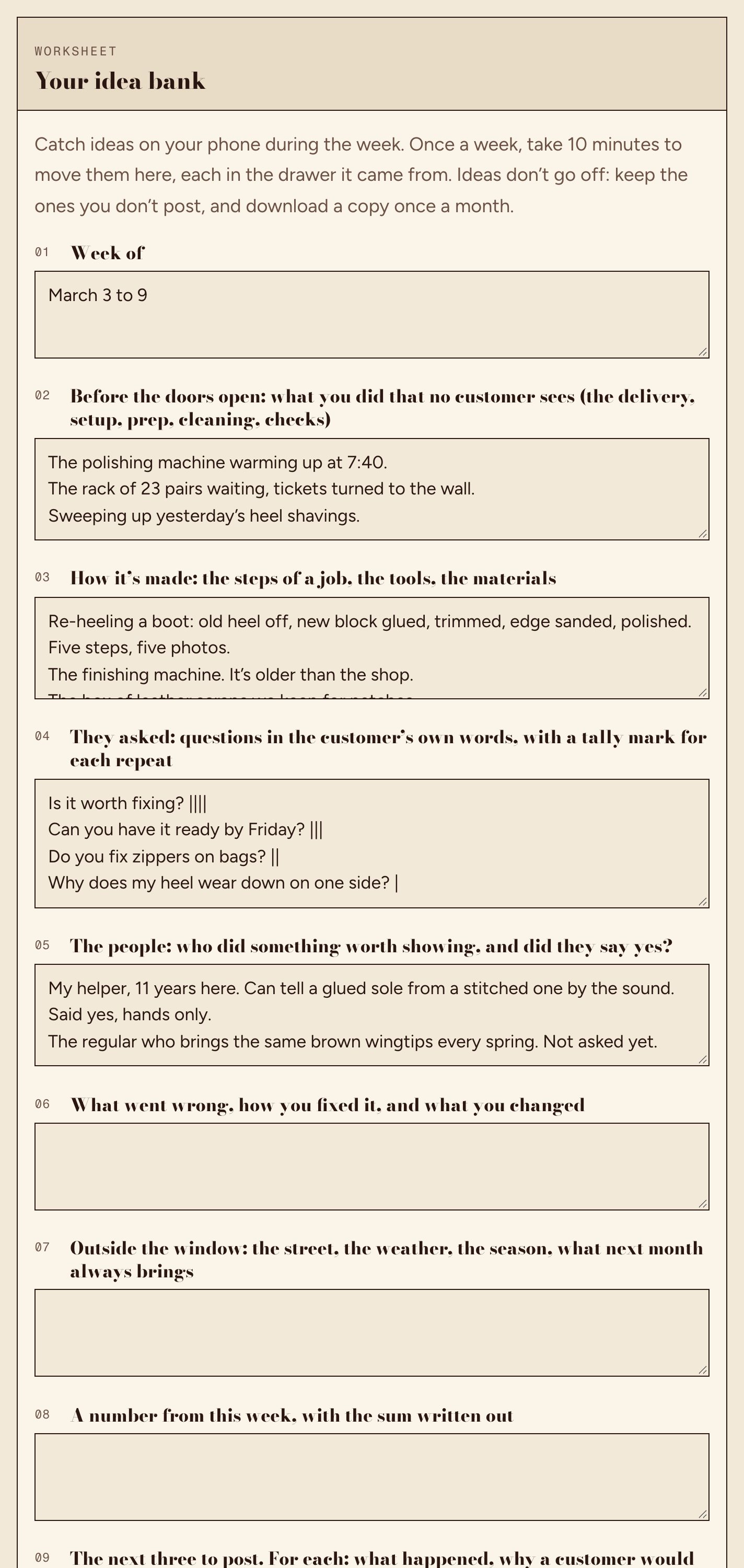 The idea bank worksheet in the web book, part filled in with an example.