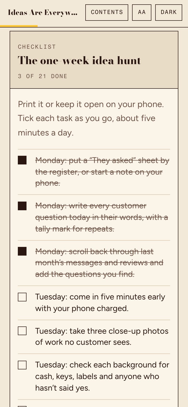 The one-week idea hunt checklist in the web book, on a phone, with Monday’s three jobs ticked.