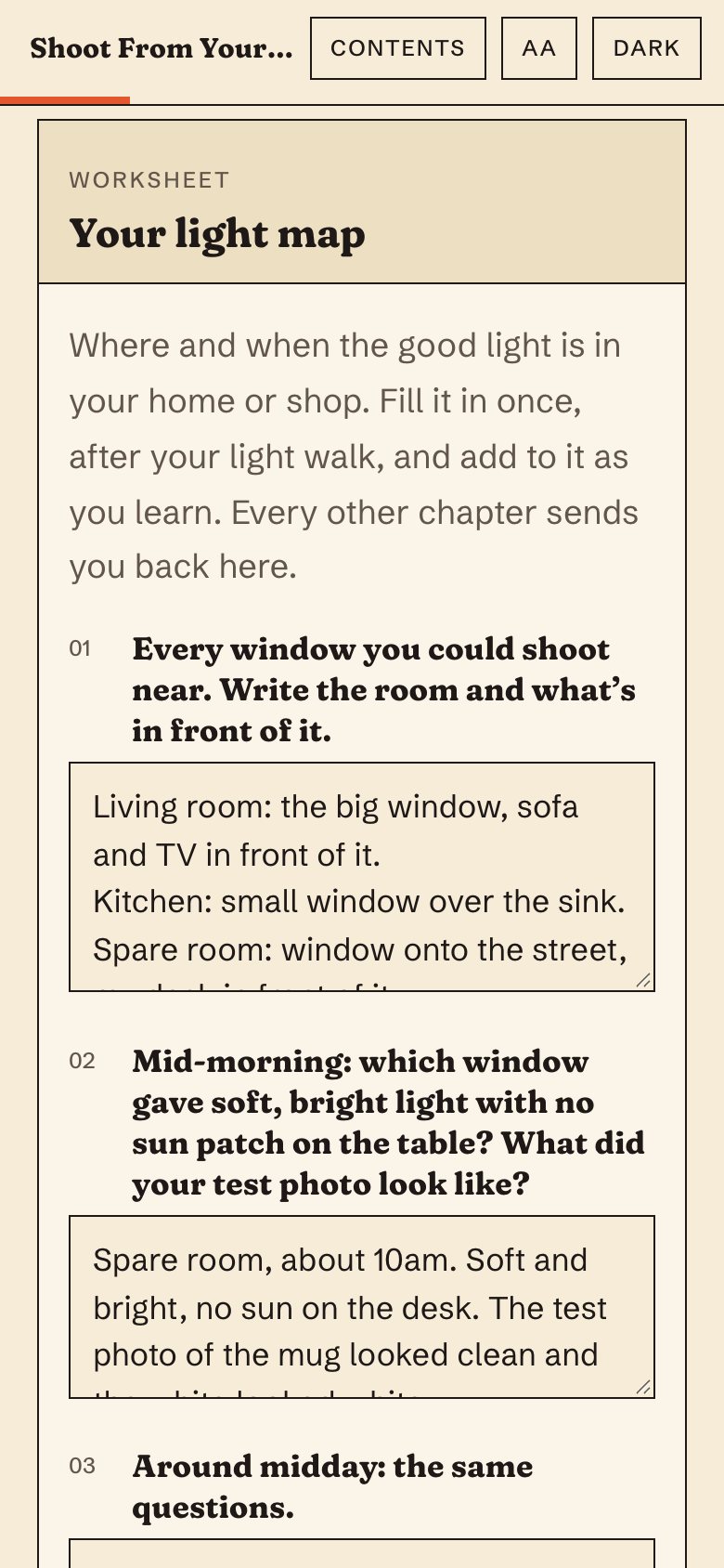 The light map worksheet in the web book, on a phone, with a made-up example filled in.
