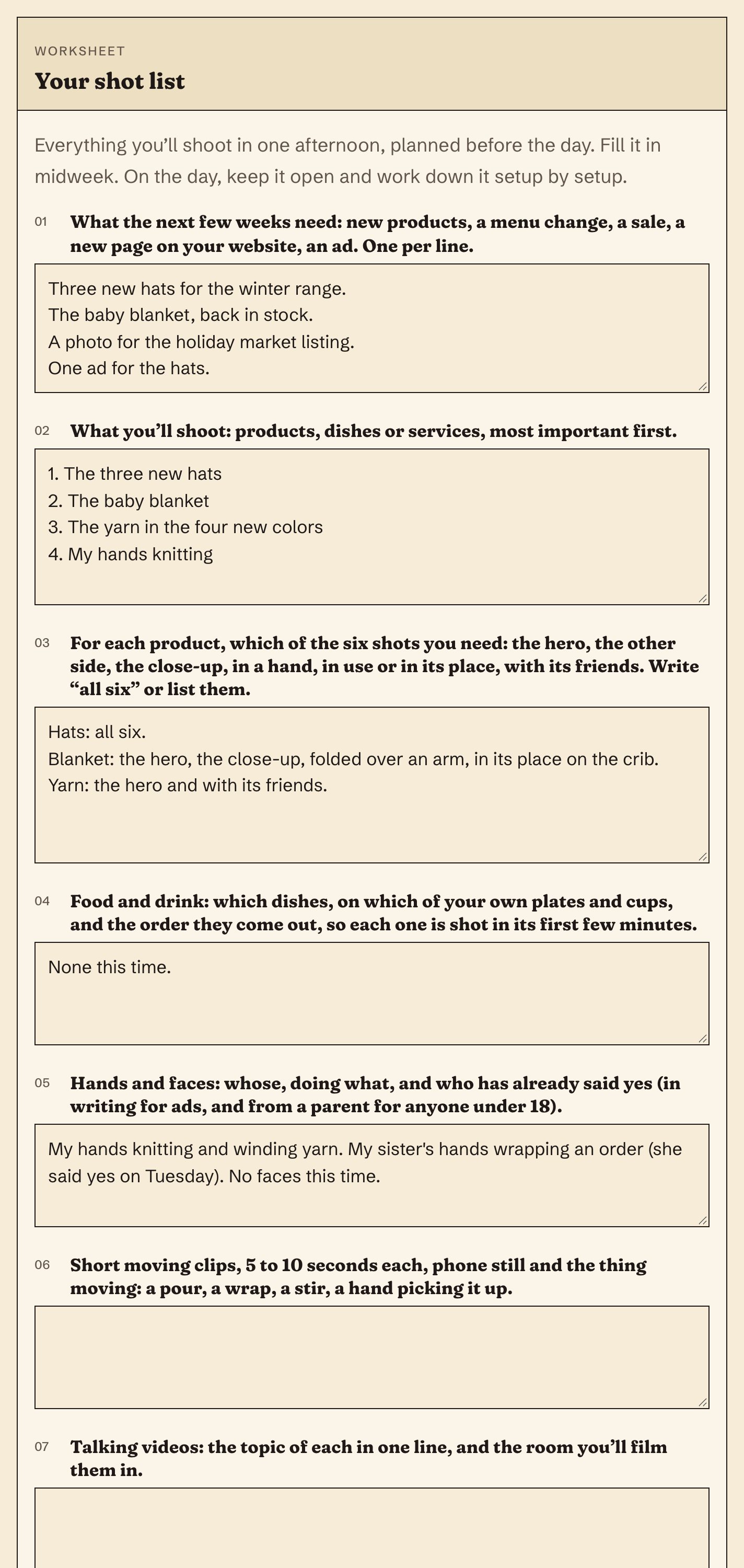 The shot list worksheet in the web book, part filled in with an example.