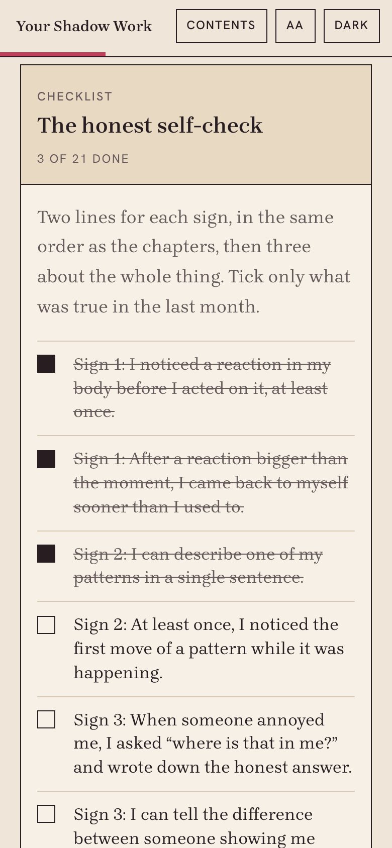 The honest self-check in the web book, on a phone, with three items ticked.