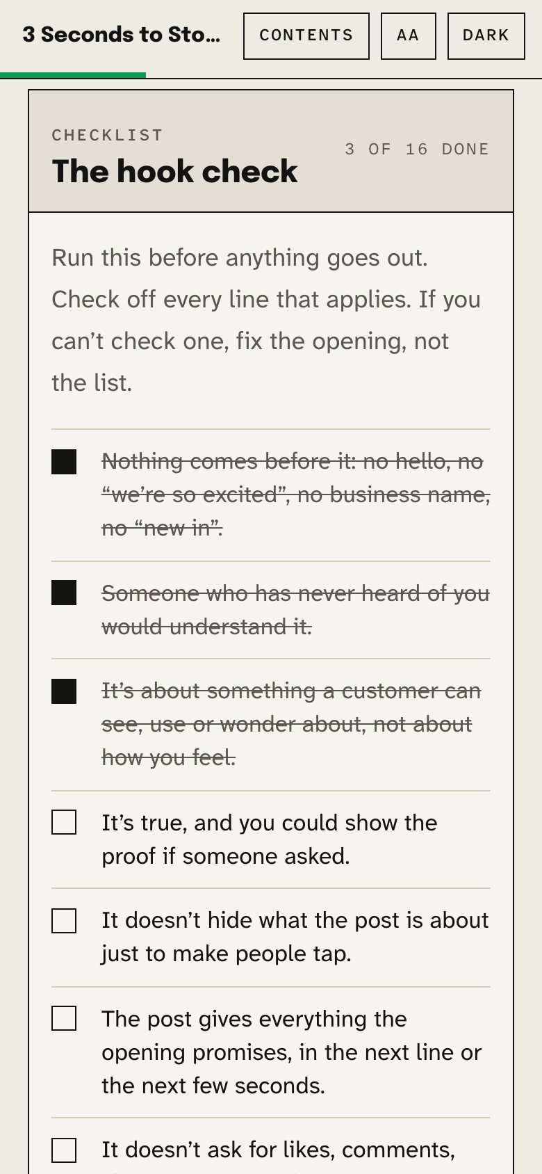 The hook check in the web book, on a phone, with three items ticked.