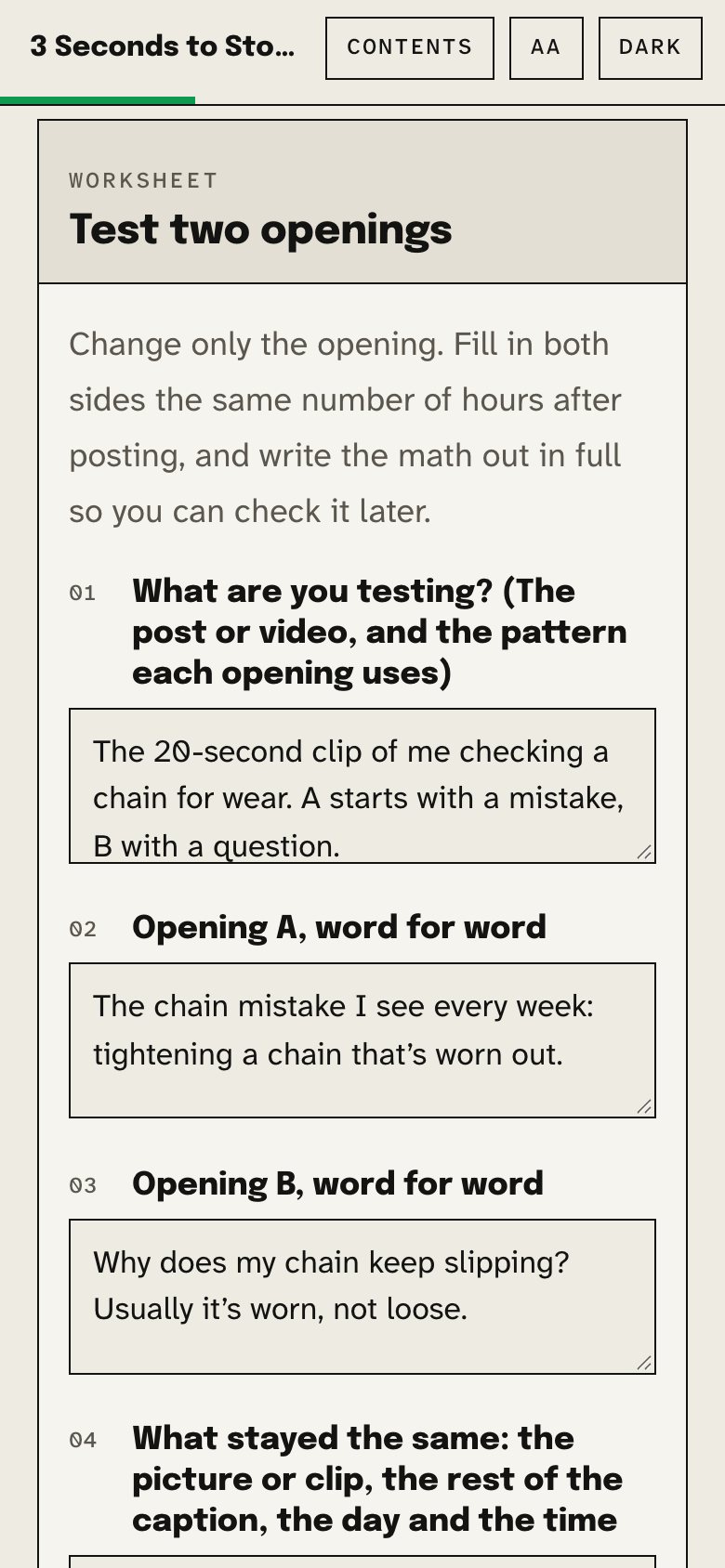 The test two openings worksheet in the web book, on a phone, with a made-up example filled in.