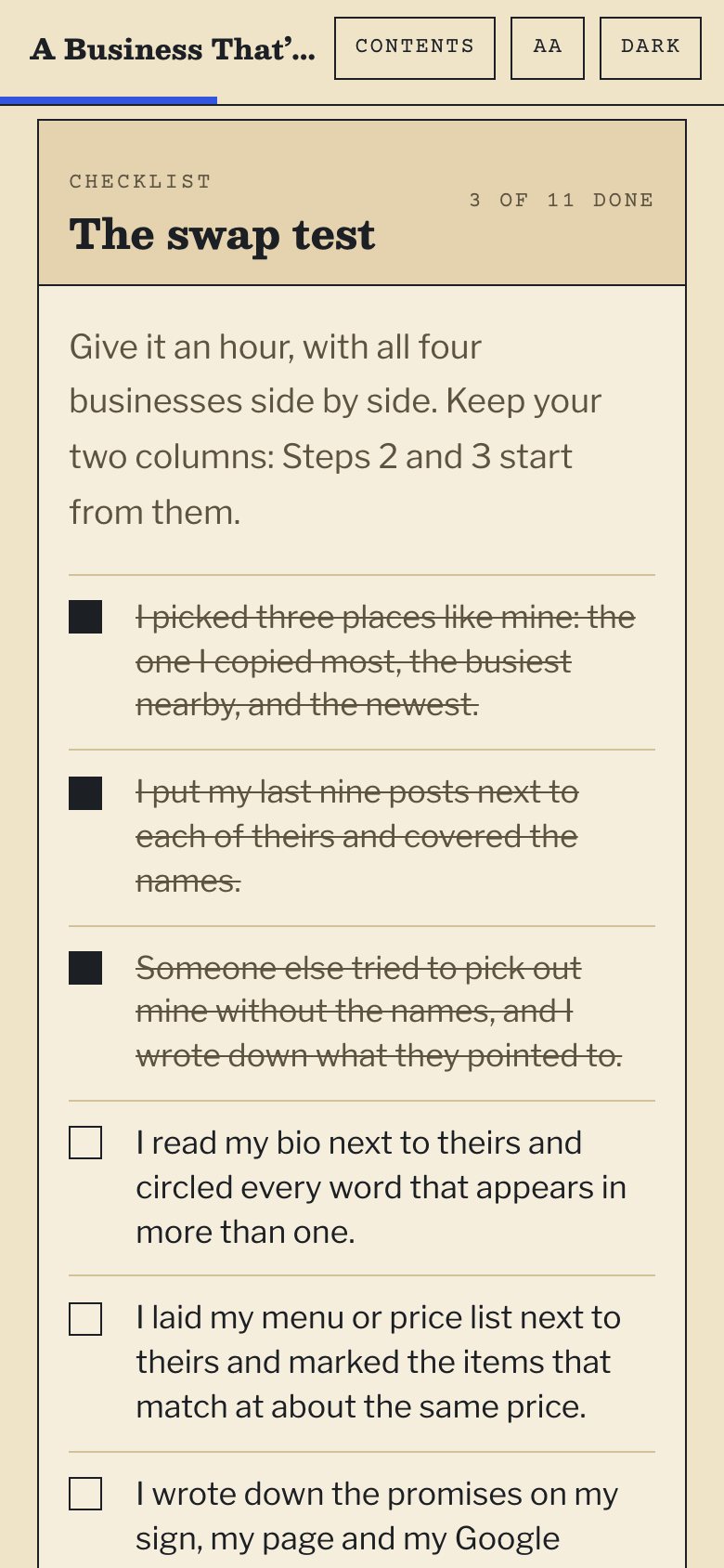 The swap test checklist in the web book, on a phone, with three items ticked.