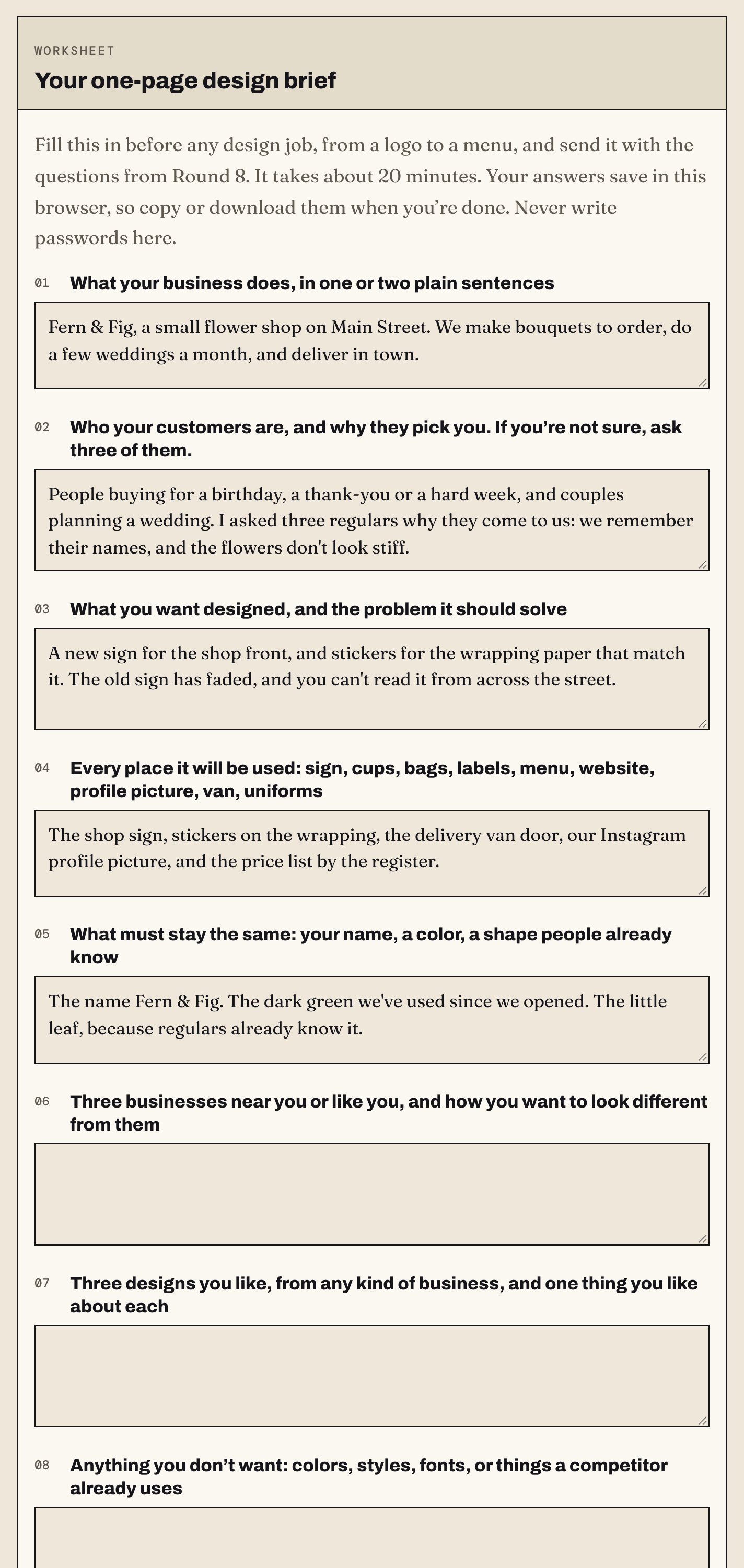 The one-page design brief worksheet in the web book, part filled in with an example.